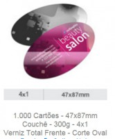 1.000 Cartões - 47x87mm Couchê - 300g - 4x1 Verniz Total Frente - Corte Oval